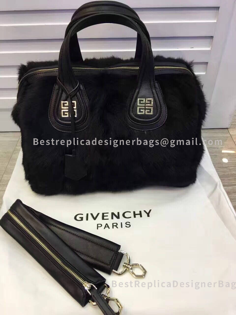 Givenchy Large Nightingale Handbag In Black Calfskin With Rex Rebbit Hair GHW 29801